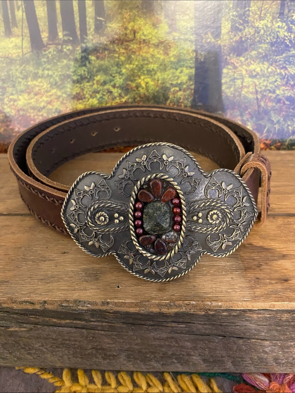 CAbi Brown Leather Belt with Ornate Silver-Tone Beaded Buckle